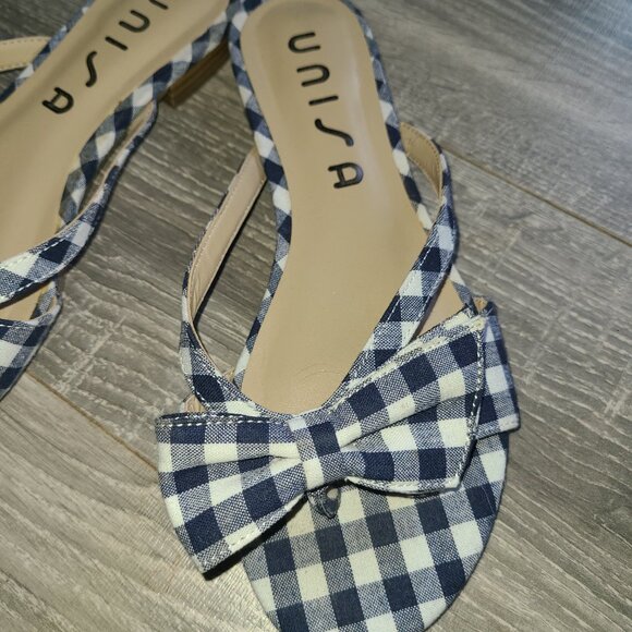 Unisa Sandals Blue White Checkered Flats Bow Sz 6.5M Country Chic Slip On - Picture 3 of 6
